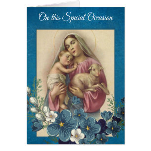 Bladade Virgin Mary Baby Jesus Lamb Flowers Hälsningskort