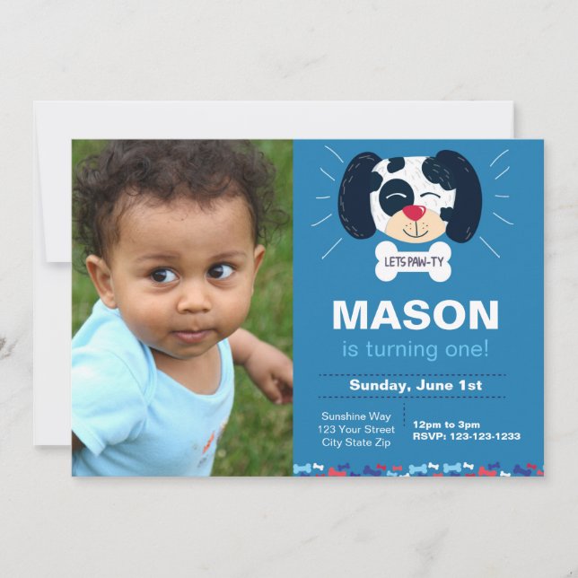 BlåDalmatisk födelsedag med foto Inbjudningar (Framsida)