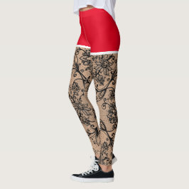 Bladblommor i Svarta Snöre Röda Kort Leggings