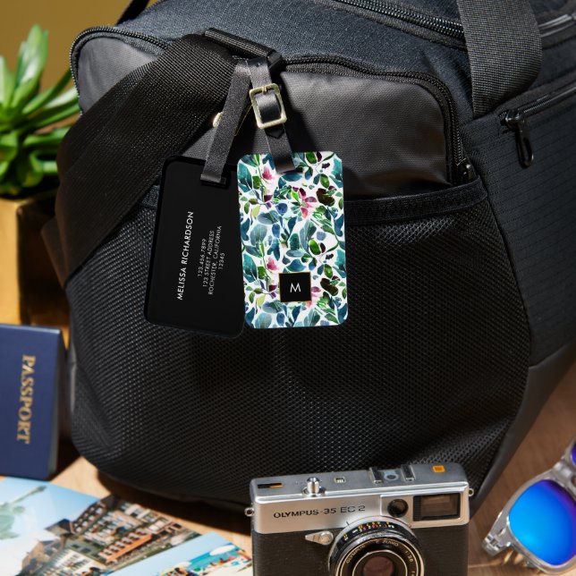 Bladblommor, svart guld monogram bagagebricka (Fram & Baksida)