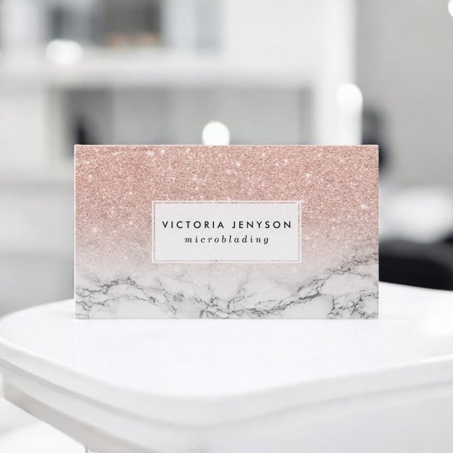 Bladda vingårdar ro rosa glitter visitkort (Microblading faux rose pink glitter white marble business card)