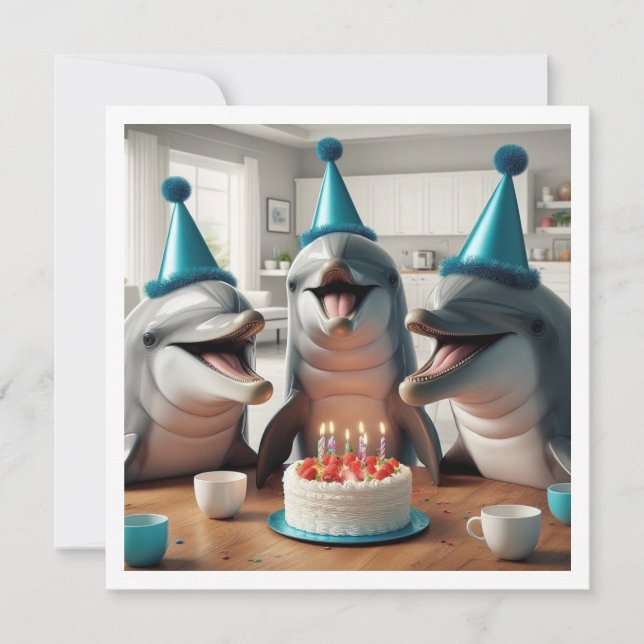 Bladdag, födelsedagsfest på strand, delfindag inbjudningar (Framsida)