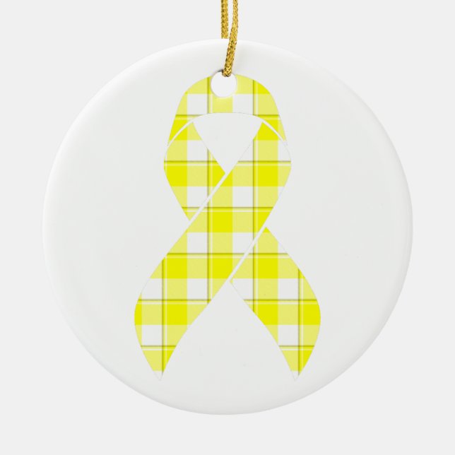Bladder Cancer Awareness Plaid Yellow Ribbon Julgransprydnad Keramik (Framsidan)