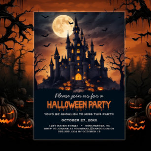 Bläddrad Castle Fladdermus Träd-talesman Halloween Inbjudningar