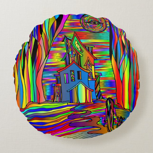 Bläddrat husskåp Abstrakt Färgfläckglas Rund Kudde (Framsidan)