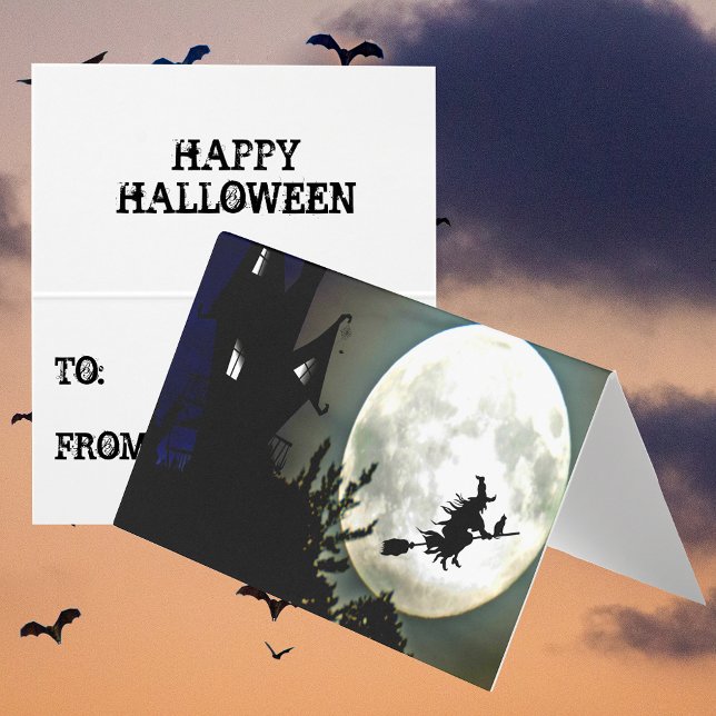 Bläddringskort för klassrum i Måne Visitkort (Haunted House Moon Witch Classroom Exchange Card)