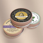 Bläddrör med Vintage Skep och bin Runt Klistermärke<br><div class="desc">Den här etiketten har redigerbart fält för bigården namn,  biodlare namn och plats. Redigerbar produktbeskrivning och namn. Bild av vintagens skepbiehive med bin och den prickade dubblan gräns. Svarta och Guld.</div>