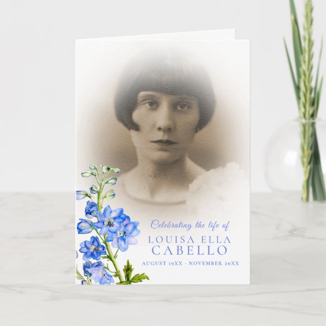 Blådelphiniumfoton för begravningsprogram program (Framsida)