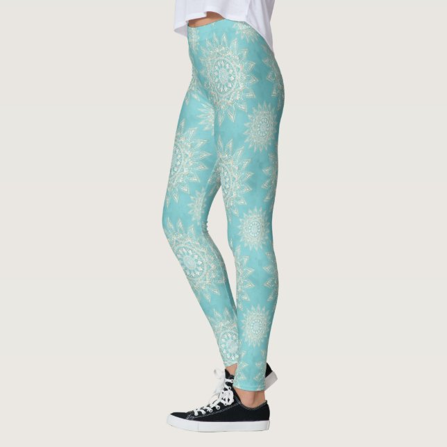 Blådesign elegant White Guld Mandala Himmel Blue Leggings (Vänster)