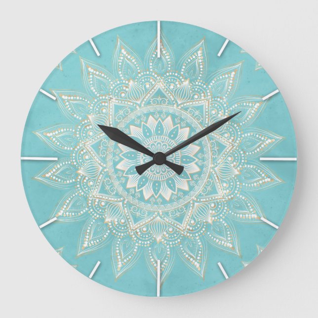 Blådesign elegant White Guld Mandala Himmel Blue Stor Klocka (Framsida)