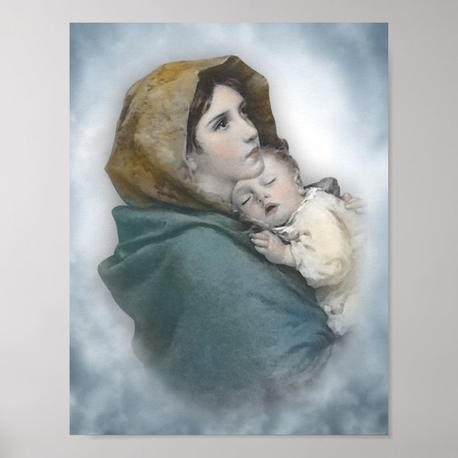 Bladfärgad Mor och Baby Jesus vattenfärg Poster (Framsidan)