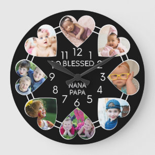 Bladfärgad Nana Pappa 8-hjärtfotomall svart Stor Klocka