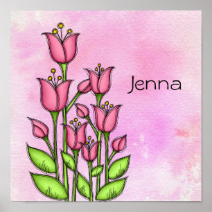 Bladfärgad vattenfärg Doodle Flower Poster