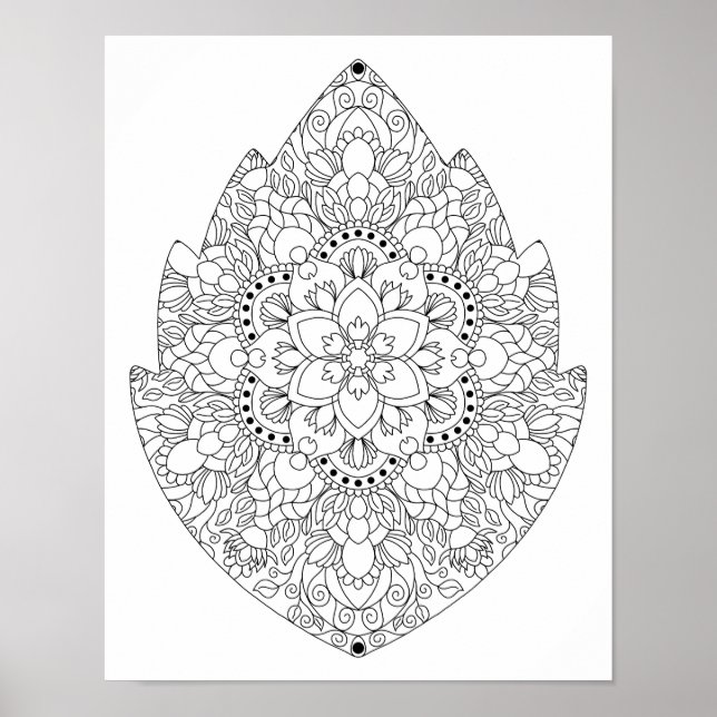 Bladformad blomster-mandala för vuxna att färglägg poster (Framsidan)