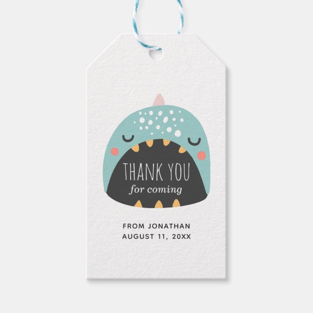 Blådinosaurier. Tack på födelsedagen. Kids party Presentetikett (Framsidan)