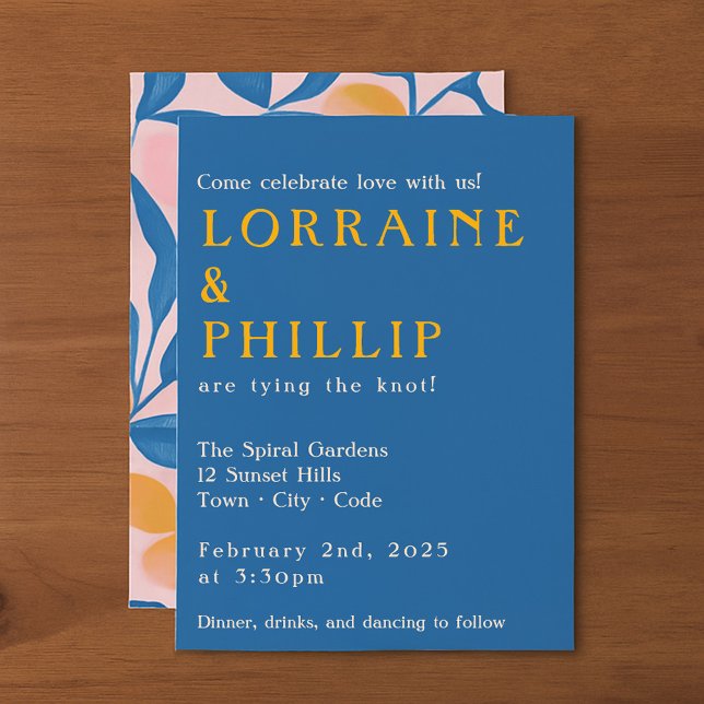 Bladlitografi - fetblå gult och rosa bröllop inbjudningar (Leafy Lithograph Bold Blue yellow and pink wedding Invitation)