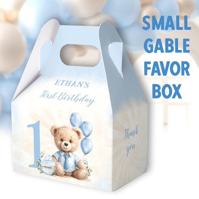 Blådögans första födelsedag Nalle nummer Presentaskar (Blue Bear Small Gable Favor Boxes - You can choose from 3 sizes of these gable favor boxes)