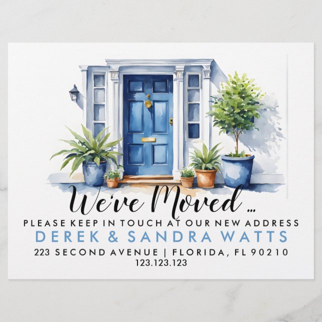 Blådörr Byte av adress, flyttat hus Reklamblad (Framsidan)