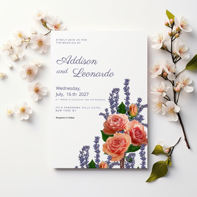 Bladpersika ro-blommor bröllop inbjudningar (Botanic lavender peach rose flowers wedding)
