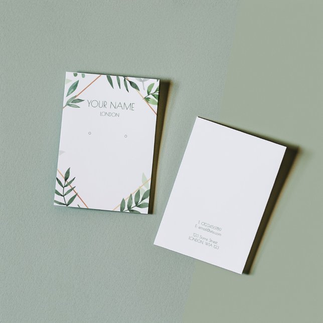 Bladplantor och visning för guld av gräns visitkort (A green leafy and thin gold border earring card. The back of the card has 3 social media. icons)