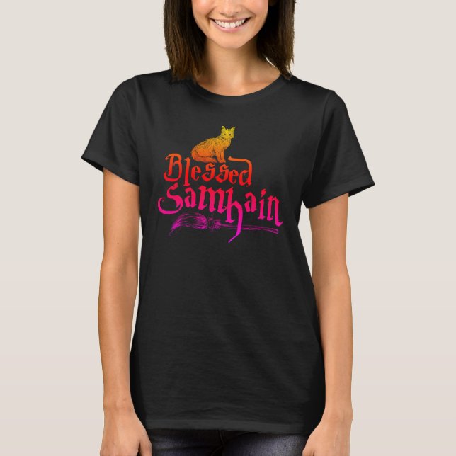 Bladsamhain - Cat Witches Broom 1a T Shirt (Framsida)