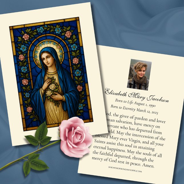 Bladt Virgin Mary katolskt begravningskort Visitkort (Skapare uppladdad)