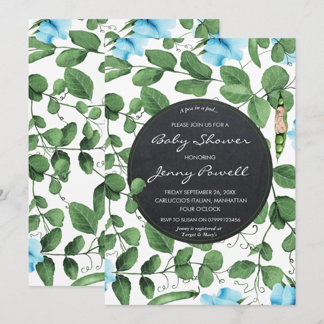 Blåduschinbjudan till pojke ärva i en pod inbjudningar (Fram/baksida)