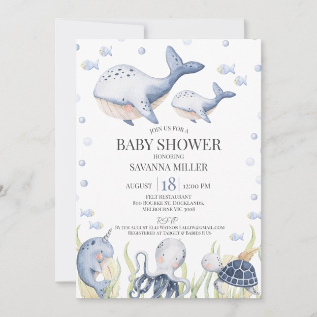 Blådysor under Sea Whale Calf Baby Shower Inbjudningar (Framsida)