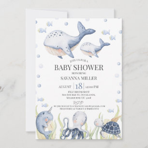 Blådysor under Sea Whale Calf Baby Shower Inbjudningar