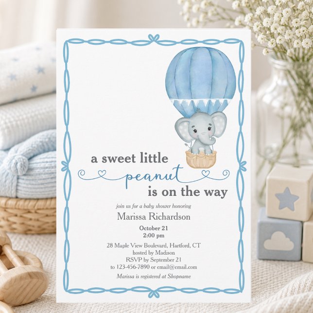 Blåelefant-Pojke-inbjudan Inbjudningar (cute sweet little peanut blue hot air balloon elephant baby boy shower custom invitation)