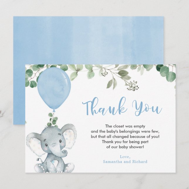 Blåelefantballong eucalyptus greenery tack kort (Fram/baksida)