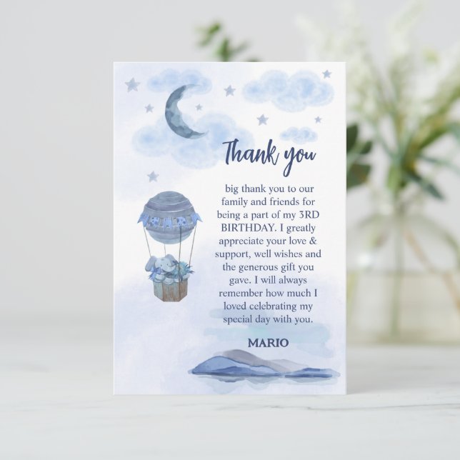 Blåelefantballong, söt födelsedagspenna tack kort (Stående Fram)