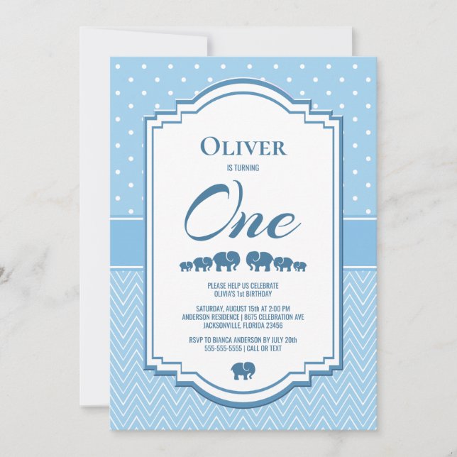 Blåelefanter för första födelsedag inbjudningar (Framsida)