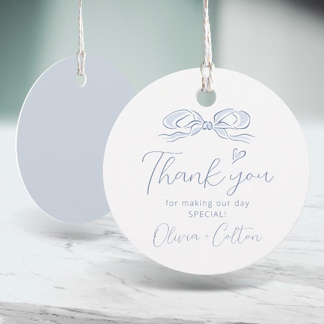 BlåElegant Hand plockade Bow Tack Bröllop Gåvor Etiketter (Blue Elegant Hand Drawn Bow Thank You Wedding Favor Tags)