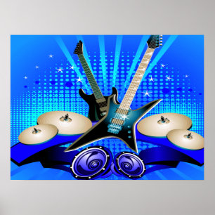 Blåelektriska gitarrer, trummor och högtalare poster