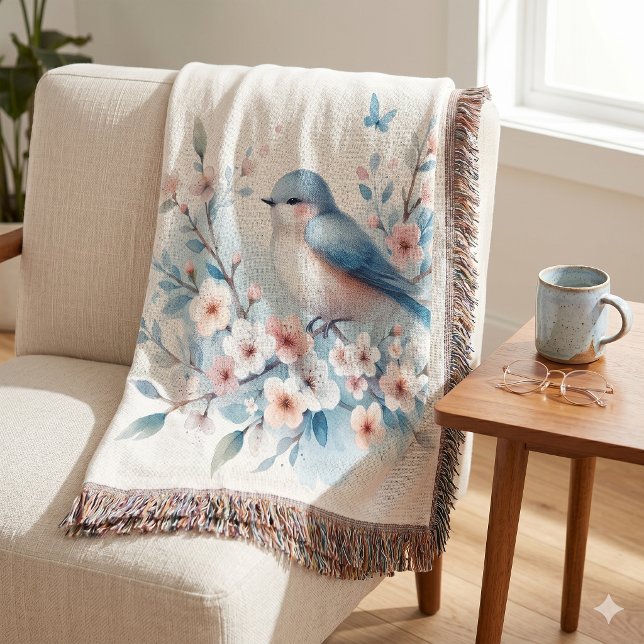 Blåfågel Blommar Akvarell Stillhet Filt (Bluebird Blossom Watercolor Serenity Throw Blanket)