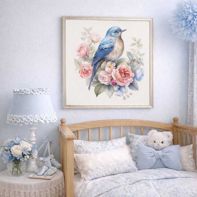 Blåfågel Blommig Konst Hem Dekoration Poster (Beautiful blue bird and pink roses wall art )