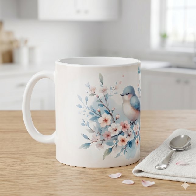 Blåfågel Blomning Akvarell Stillhet Kaffemugg (Bluebird Blossom Watercolor Serenity Coffee Mug)