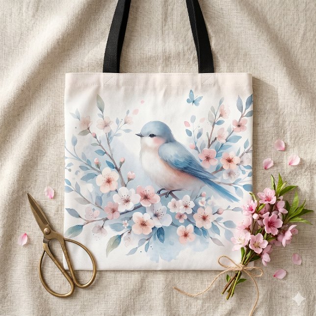 Blåfågel Blomning Akvarell Stillhet Tygkasse (Bluebird Blossom Watercolor Serenity Tote Bag)