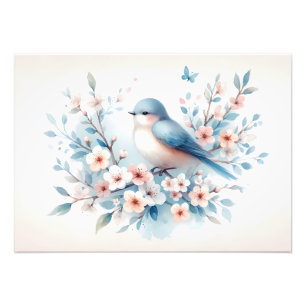 Blåfågel Blossom Watercolor Serenitet Fototryck