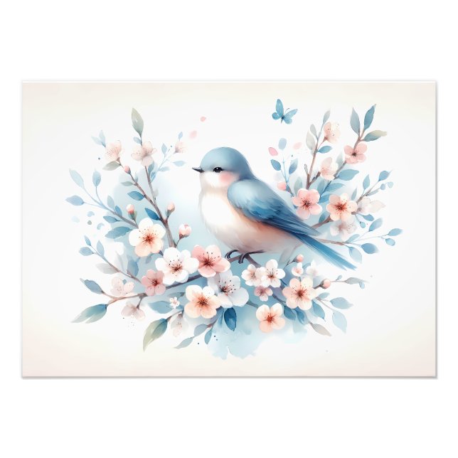 Blåfågel Blossom Watercolor Serenitet Fototryck (Framsidan)