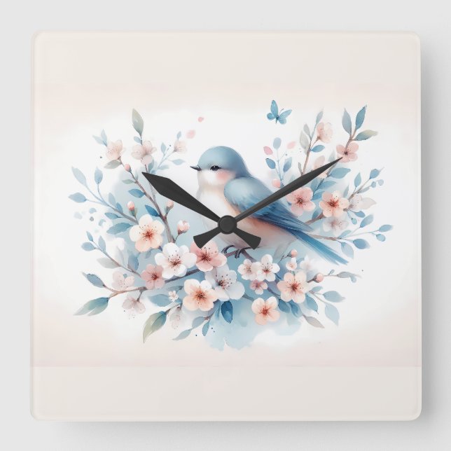 Blåfågel Blossom Watercolor Serenitet Fyrkantig Klocka (Framsida)