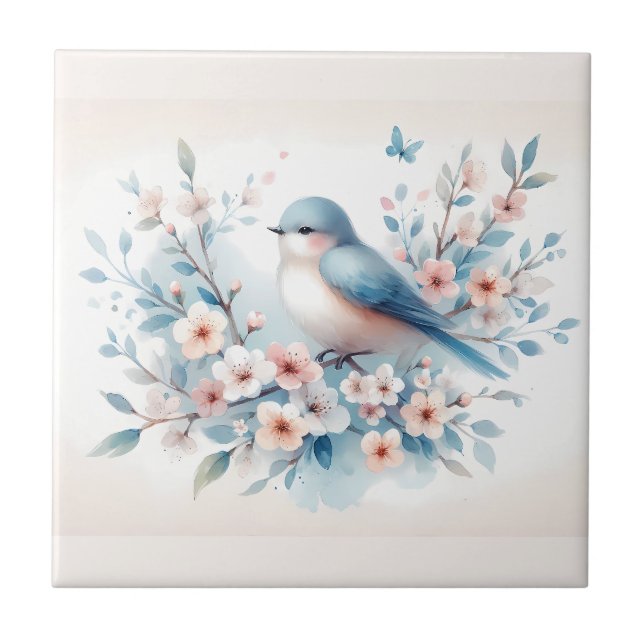 Blåfågel Blossom Watercolor Serenitet Kakelplatta (Framsidan)
