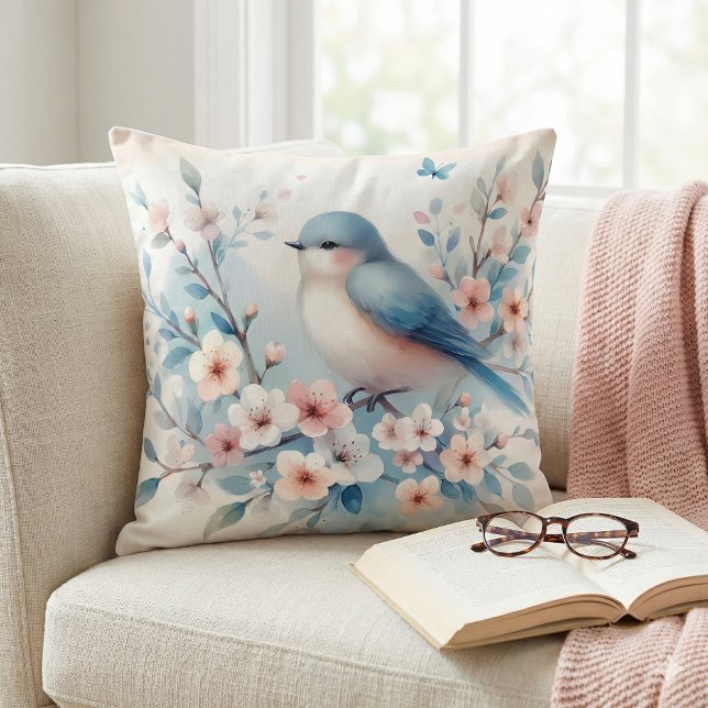 Blåfågel Blossom Watercolor Serenitet Kudde (Bluebird Blossom Watercolor Serenity Throw Pillow Mockup A)