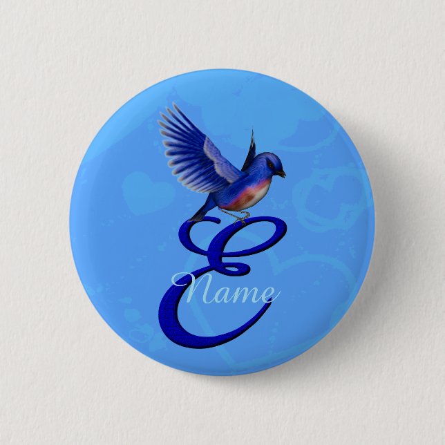 Blåfågel Elegant Monogram Initial E Personlig Knapp (Framsida)