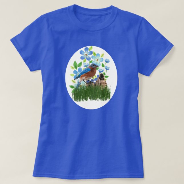 Blåfågel i Blomsterträdgård/Bird Älskare T Shirt (Design framsida)