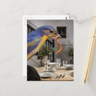 Blåfågel i matsalen Surrealistisk collage Vykort