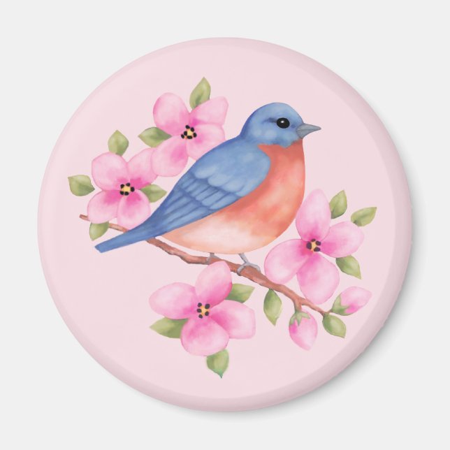 Blåfågel med Rosa Flowers Magnet (Framsidan)
