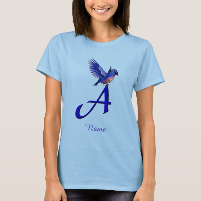 Blåfågel Monogram Första A Elegant Personlig T Shirt (Framsida)