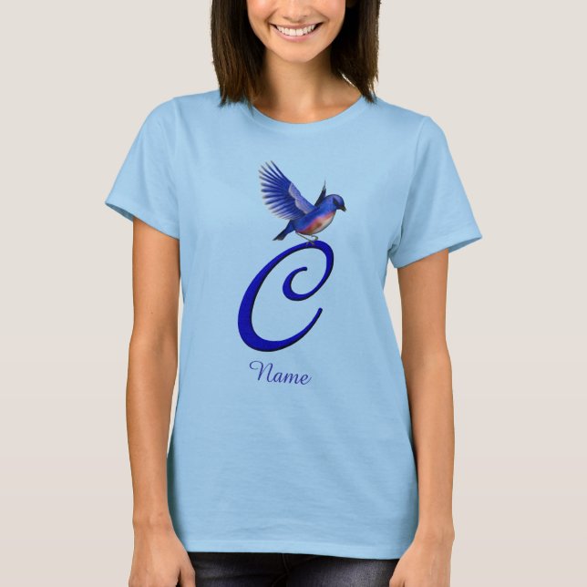 Blåfågel Monogram Första C Elegant Personlig T Shirt (Framsida)